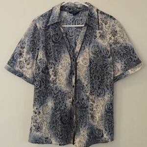 Reitmans Plus Size 16 Paisley Short Sleeve Button Up Blouse Blue White Boho